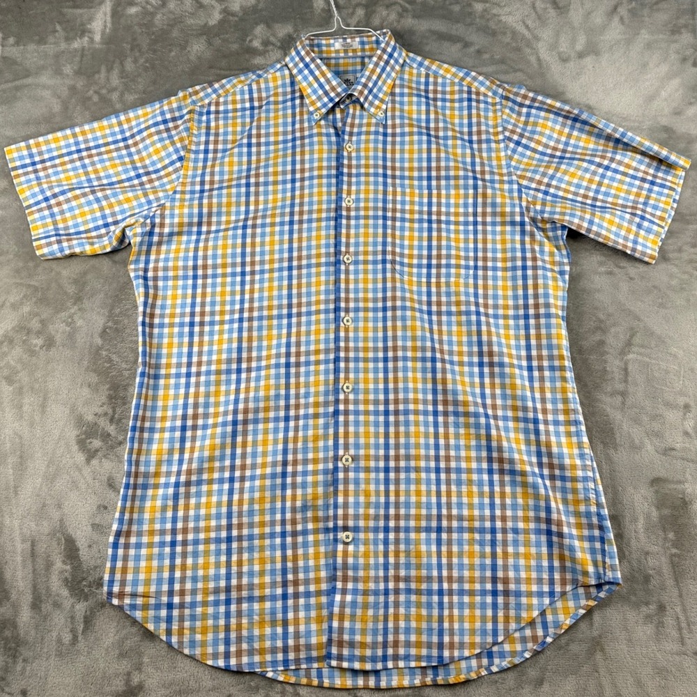Peter Millar Shirt Mens Large MF16W18CBS Blue Yellow Plaid Button-Down EUC